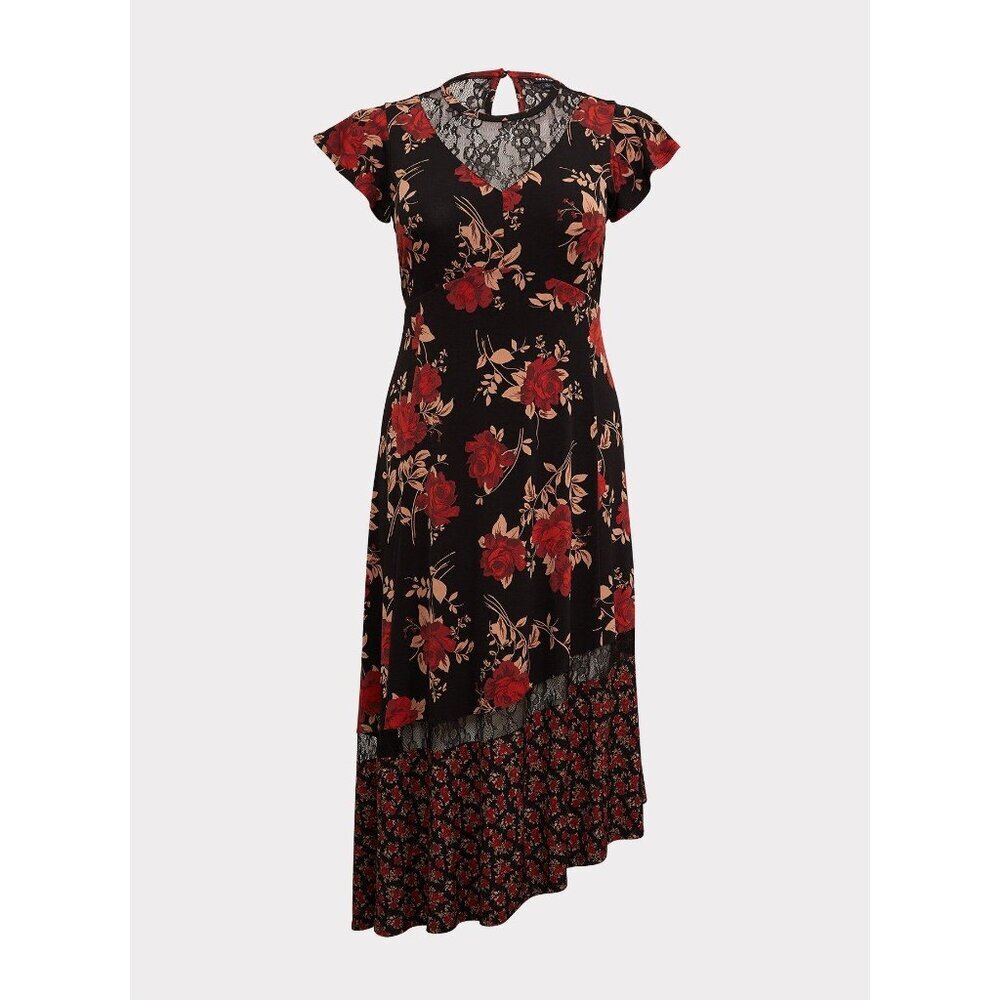 Torrid Midi Studio Knit Asymmetrical Black Flowers Dress Plus Size 1 (1X) - Picture 5 of 8